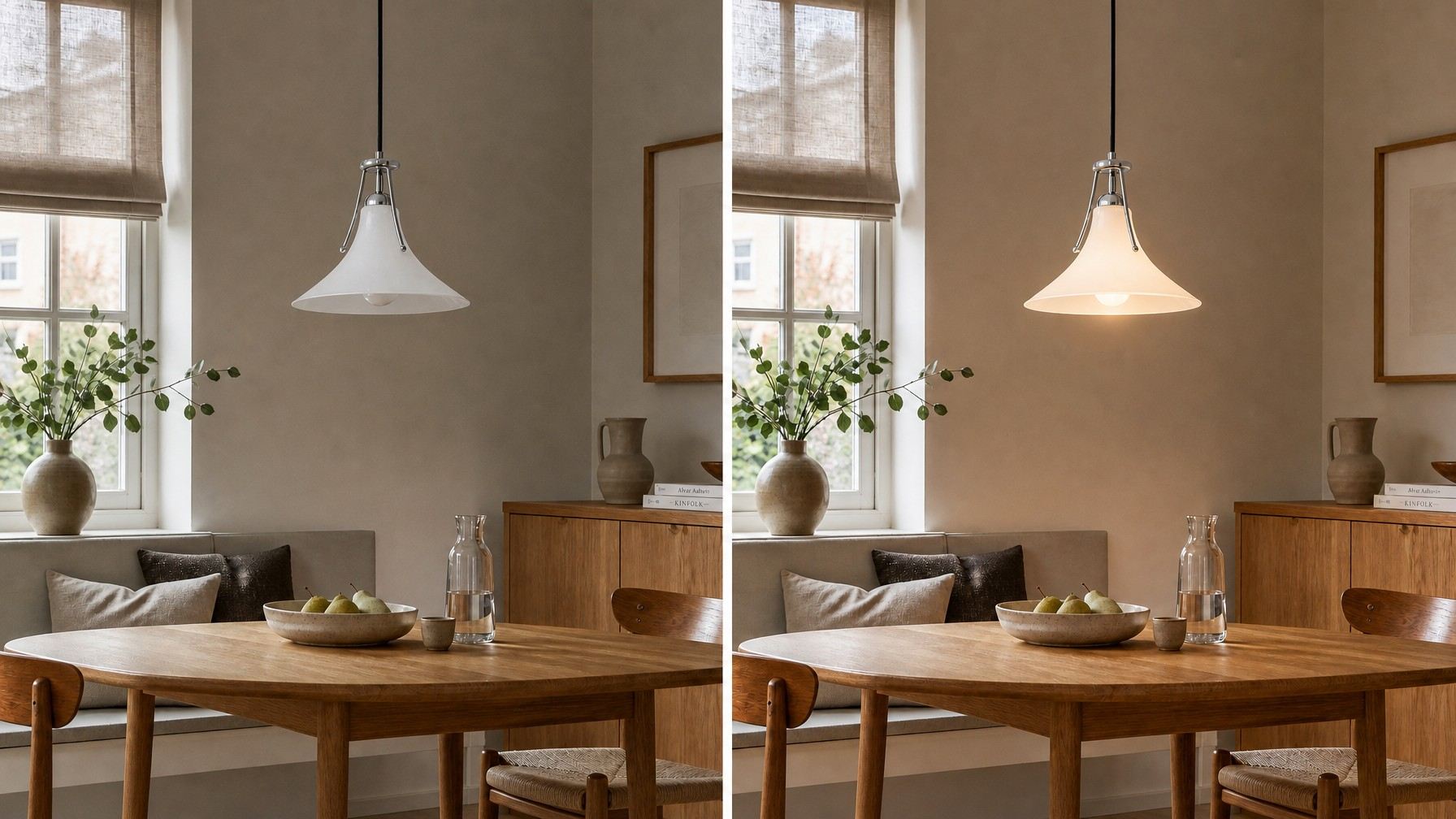 Switch light comparison showing the pendant light off and on