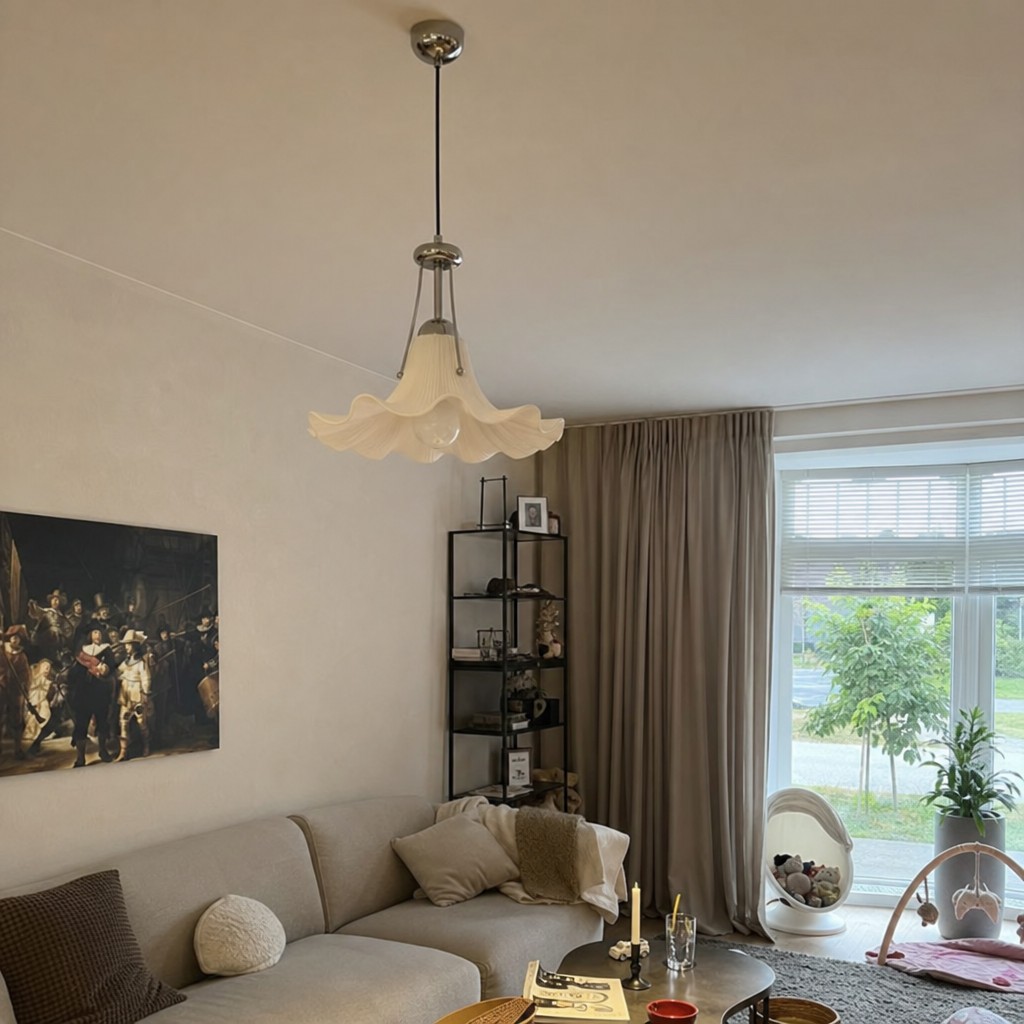 Customer room photo showing Cazelle pendant lamp lit