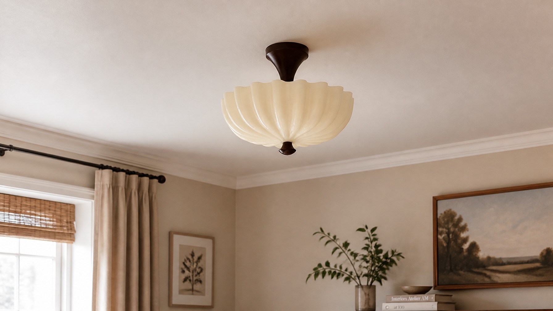 Durnic cream style ceiling light installed in a warm interior