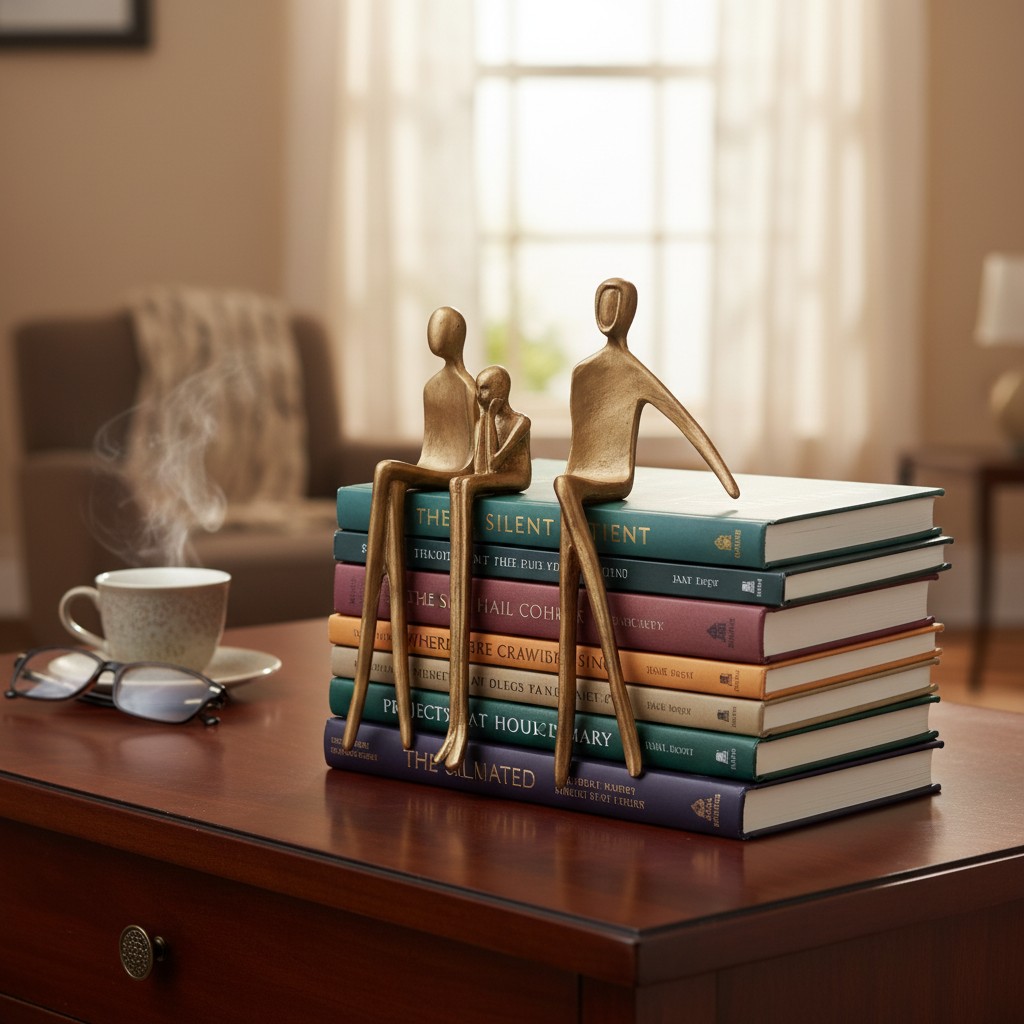 Floxo human figurines styled on a coffee table with books