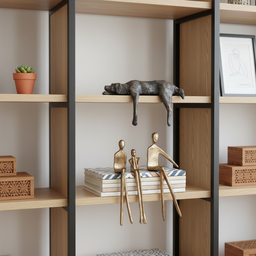 Floxo lazy dog and abstract human figurines displayed on shelves
