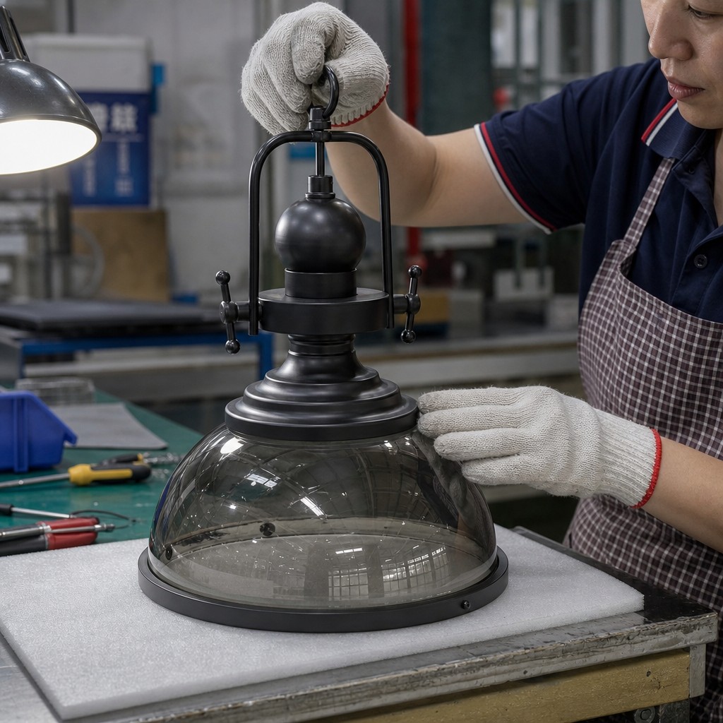 Craftsperson assembling the metal frame and smoky glass shade