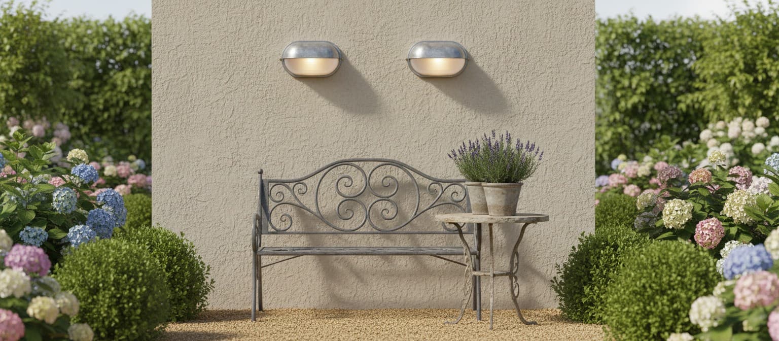 Two Docka outdoor wall sconces installed above a garden bench
