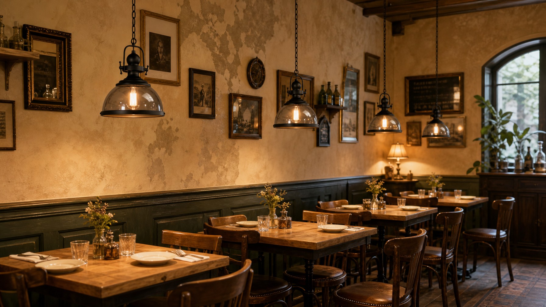 Ivoran industrial smoky glass pendant lamps in a cafe interior