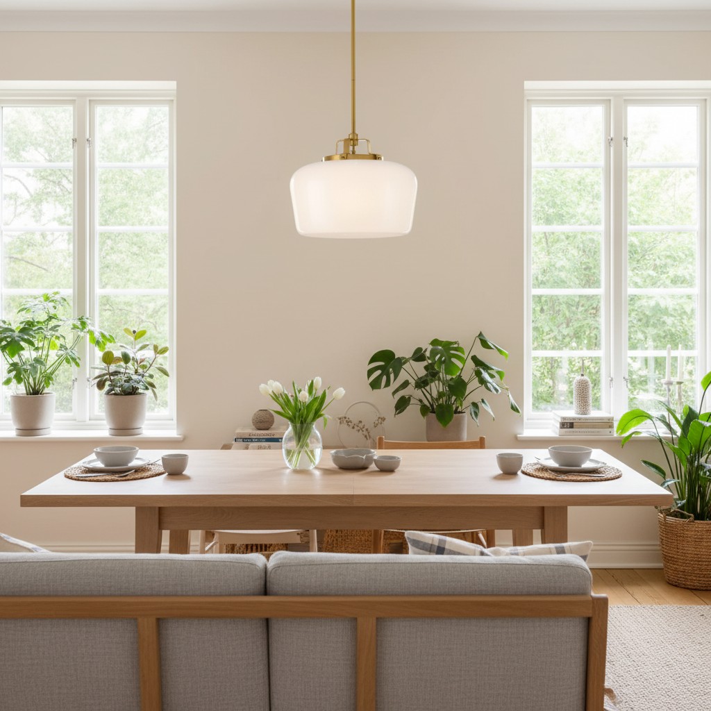 Opal glass pendant light above a dining table
