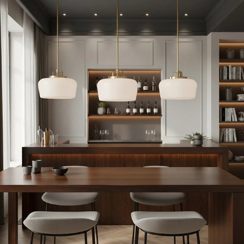 Three opal glass pendant lights above a kitchen island