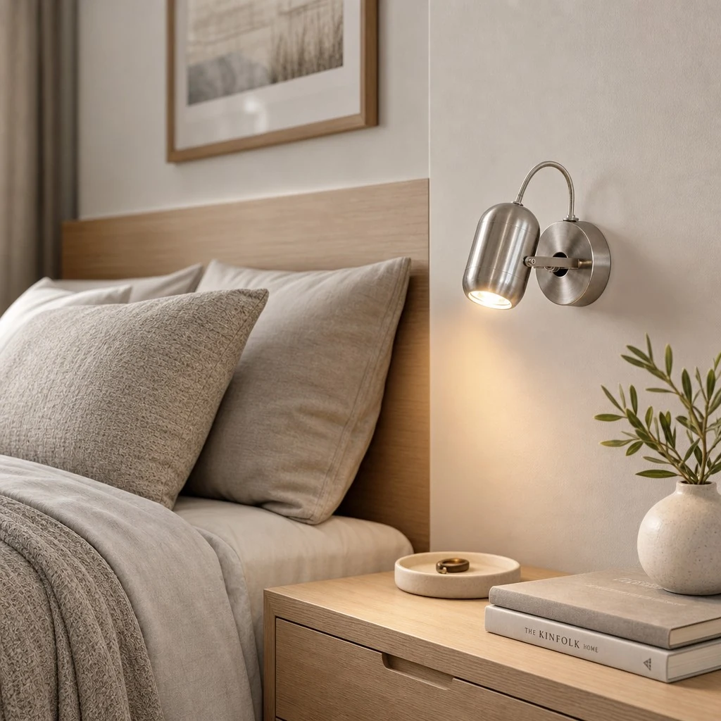 Brushed silver wall spotlight in bedside wall light