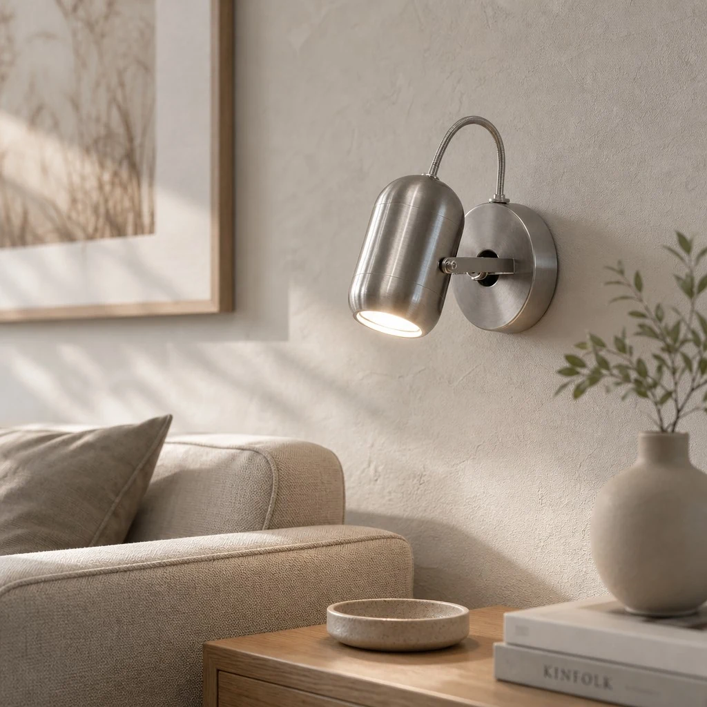 Brushed silver wall spotlight in sofa side close-up