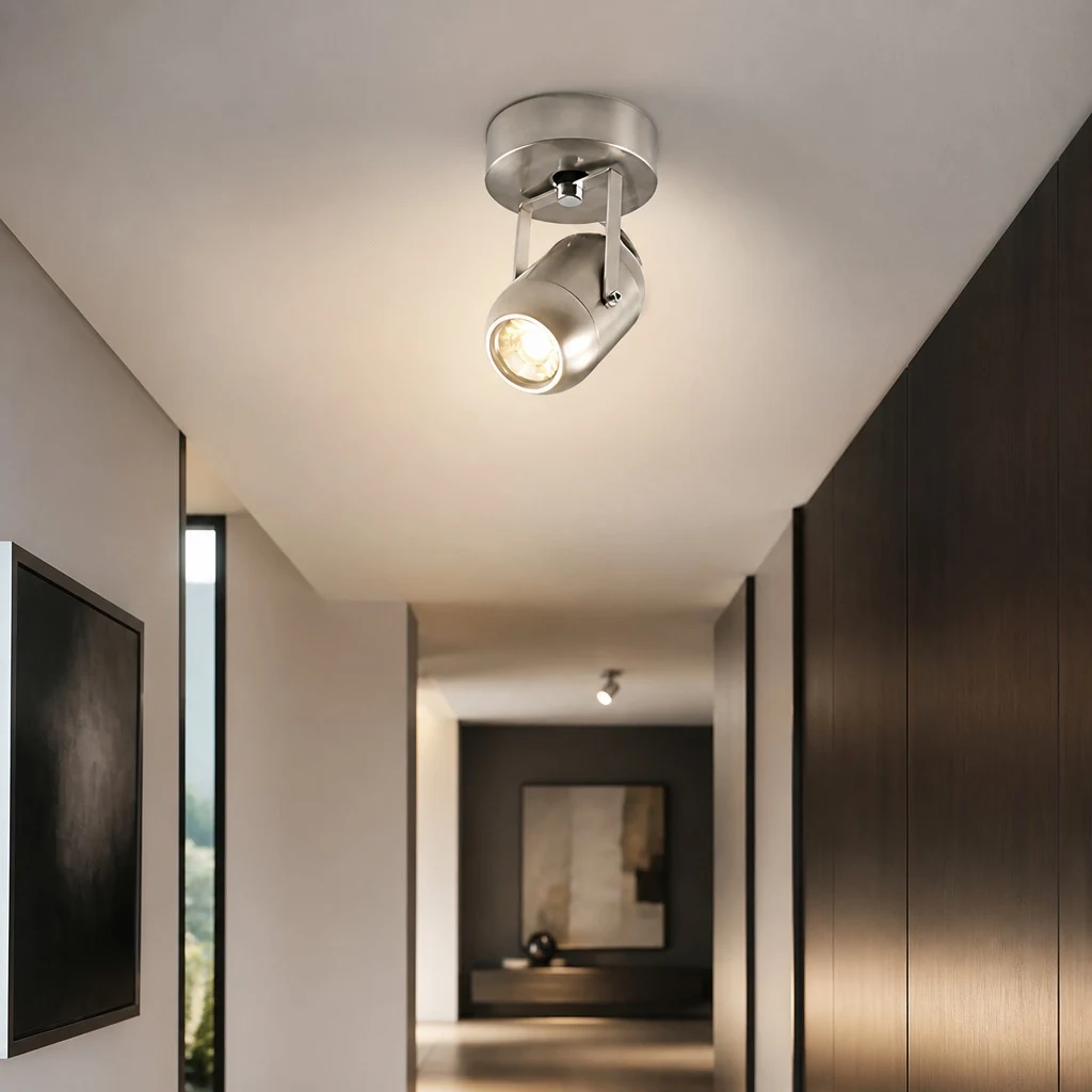Brushed silver spotlight installed on ceiling
