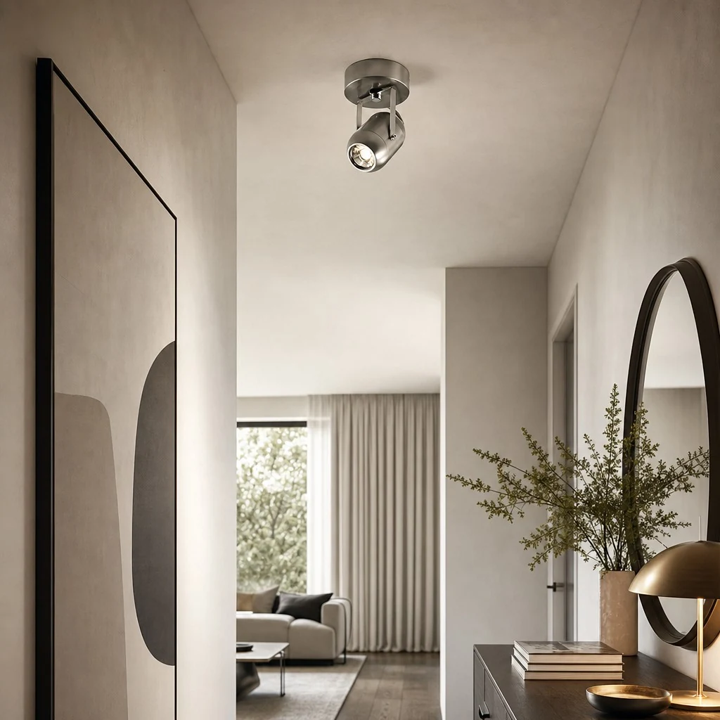 Brushed silver wall spotlight in entry hallway ceiling