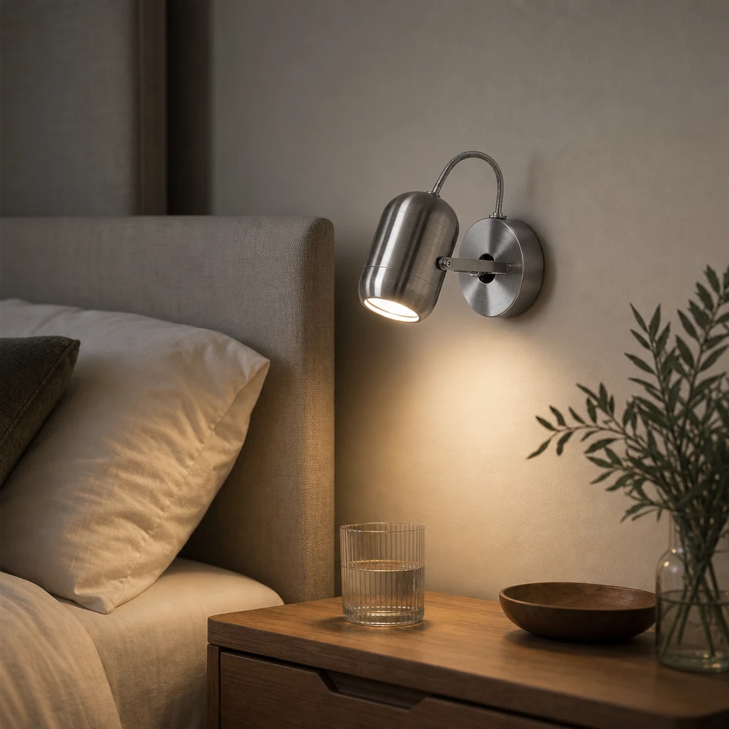 Brushed silver wall spotlight in bedside reading wall