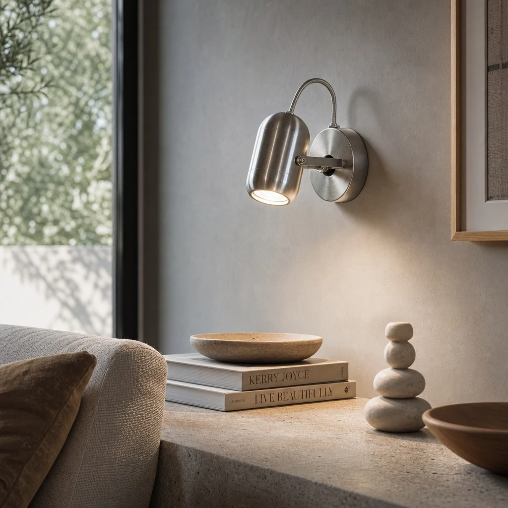 Brushed silver wall spotlight in living room close-up