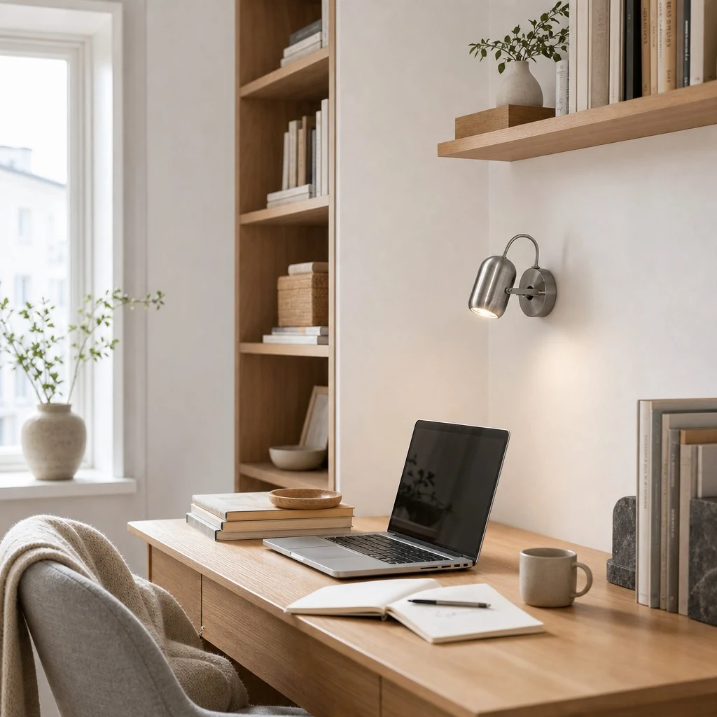 Brushed silver wall spotlight in home office desk wall
