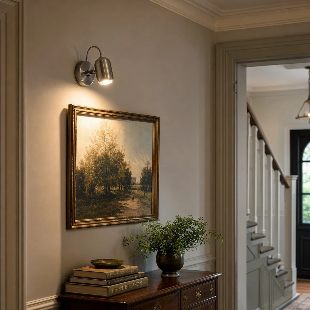 Brushed silver wall spotlight in classic hallway art light