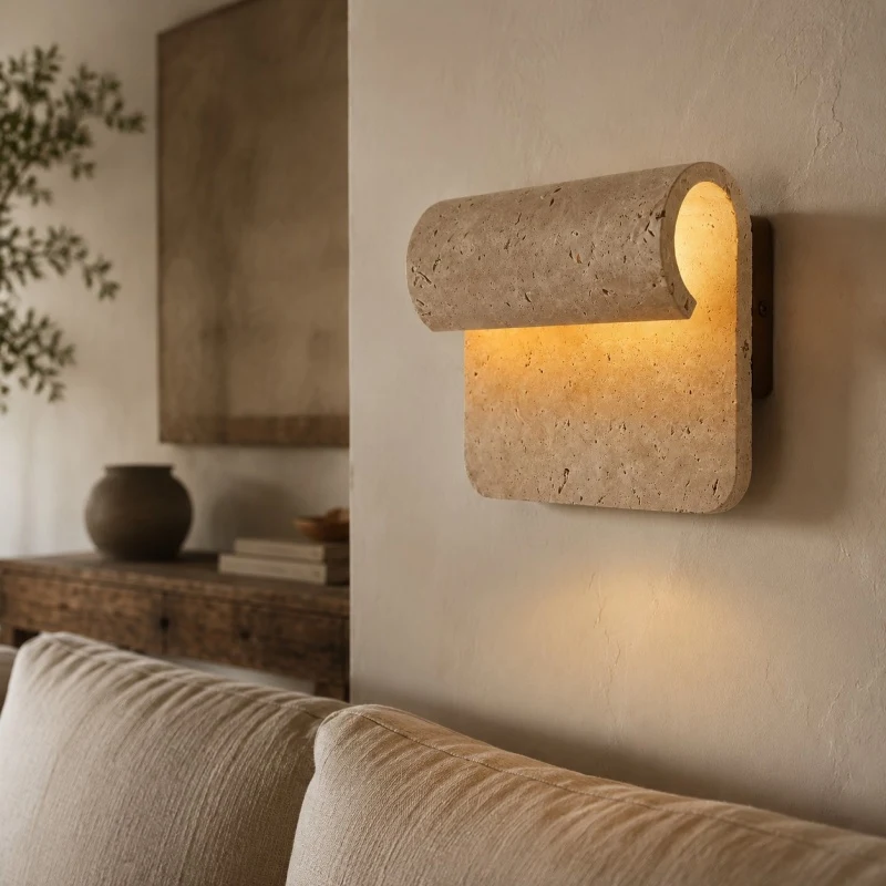 Travertine wall sconce above sofa