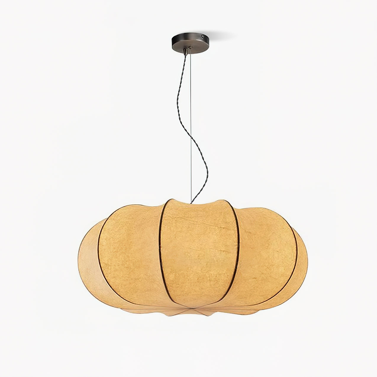 Curved Oblate Silk Pendant Lamp turned on