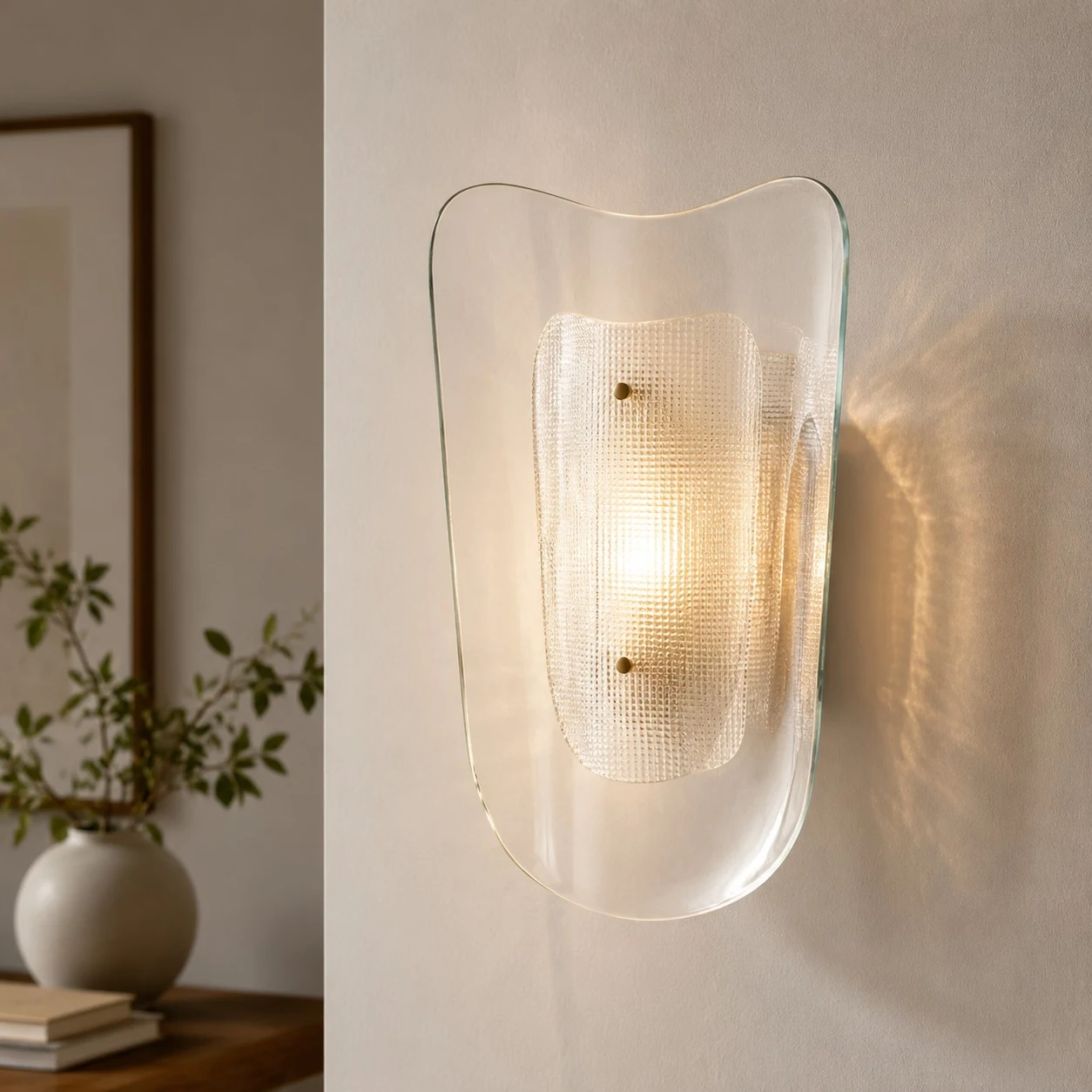 Clear glass wall sconce installed in a styled interior