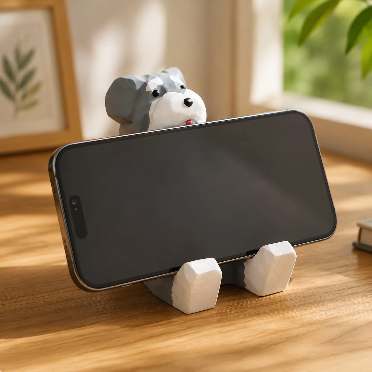Wooden animal phone stand scene view
