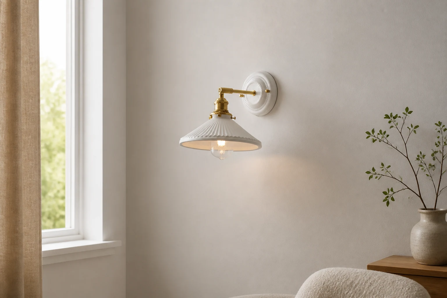 Ceramic brass wall lamp in a warm lifestyle room scene