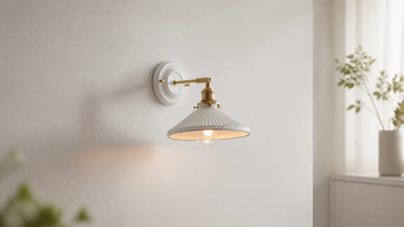 Industrial white ceramic and brass wall lamp in a warm interior scene