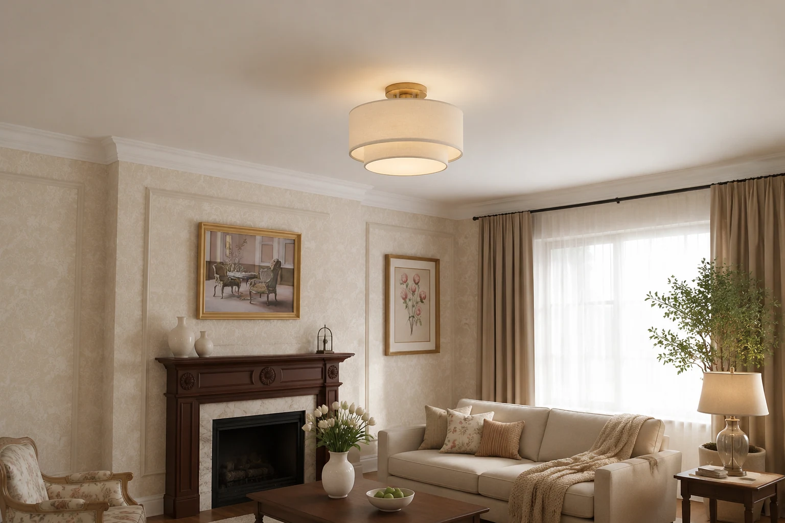 Lumeris linen blend ceiling light in a styled living room