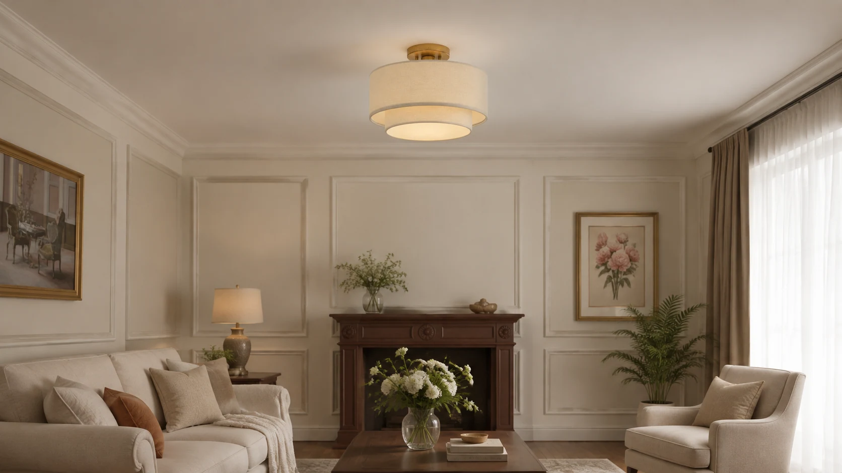 Lumeris linen blend semi-flush ceiling light installed in a warm living room