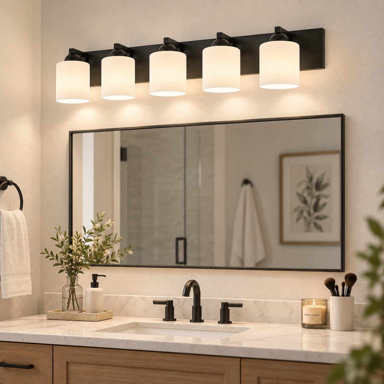 Modern Metal Bathroom Vanity Light — Cylindrical Glass Shades — A natural perspective