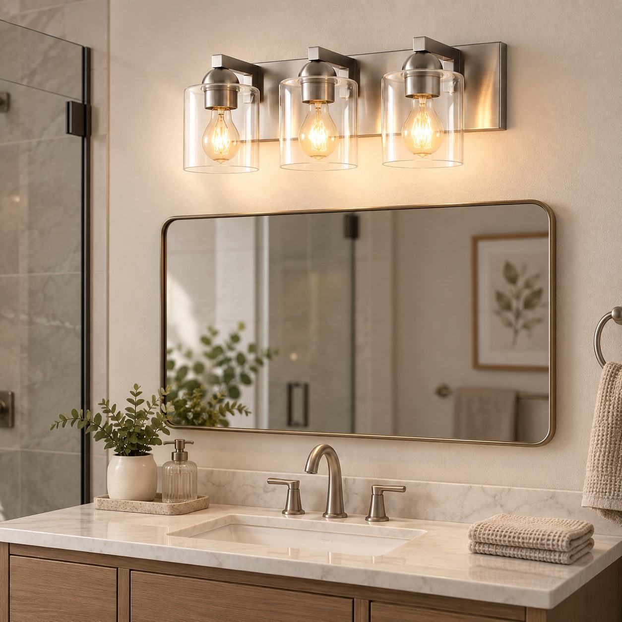 Modern Metal Bathroom Vanity Light — Cylindrical Glass Shades — A natural perspective