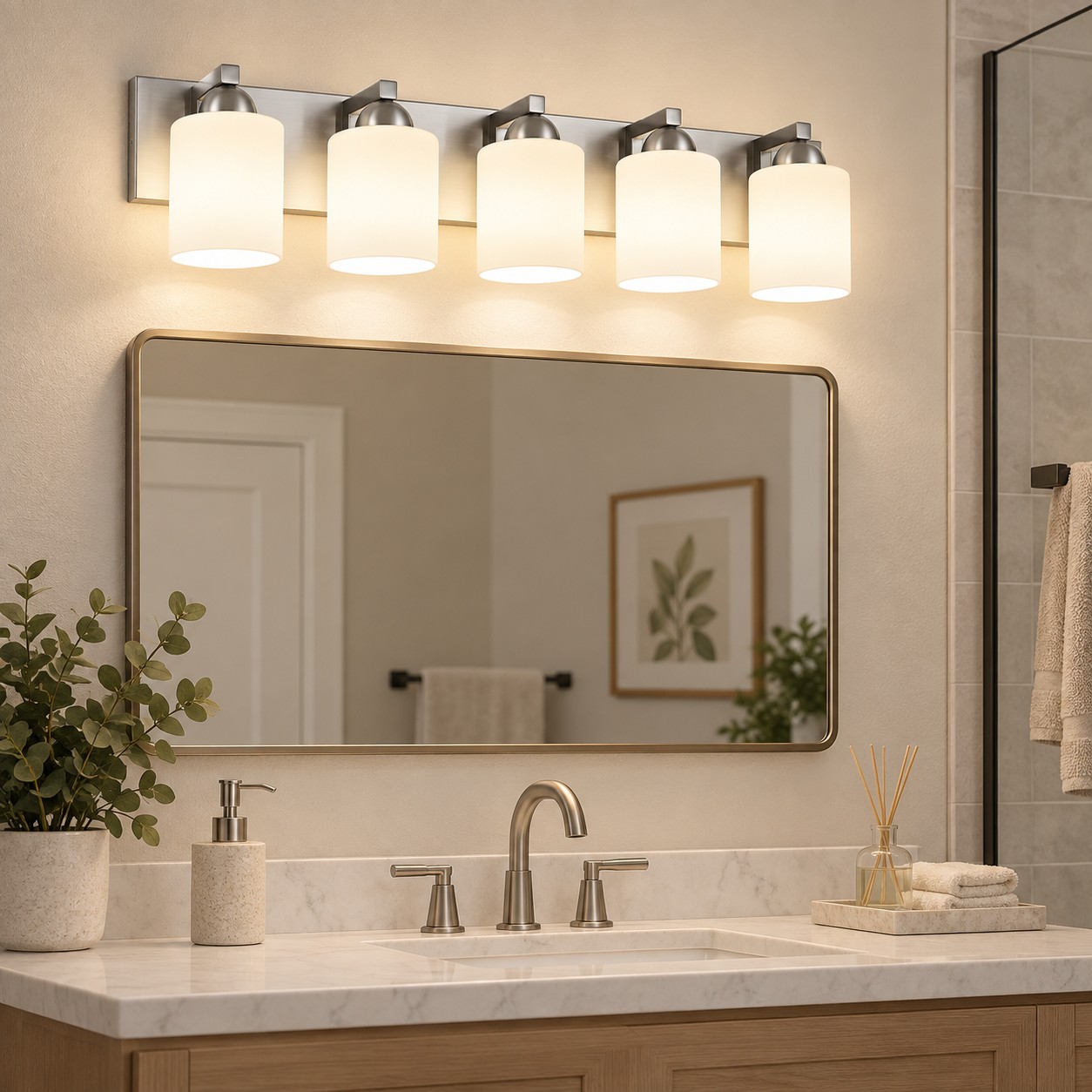 Modern Metal Bathroom Vanity Light — Cylindrical Glass Shades — A natural perspective