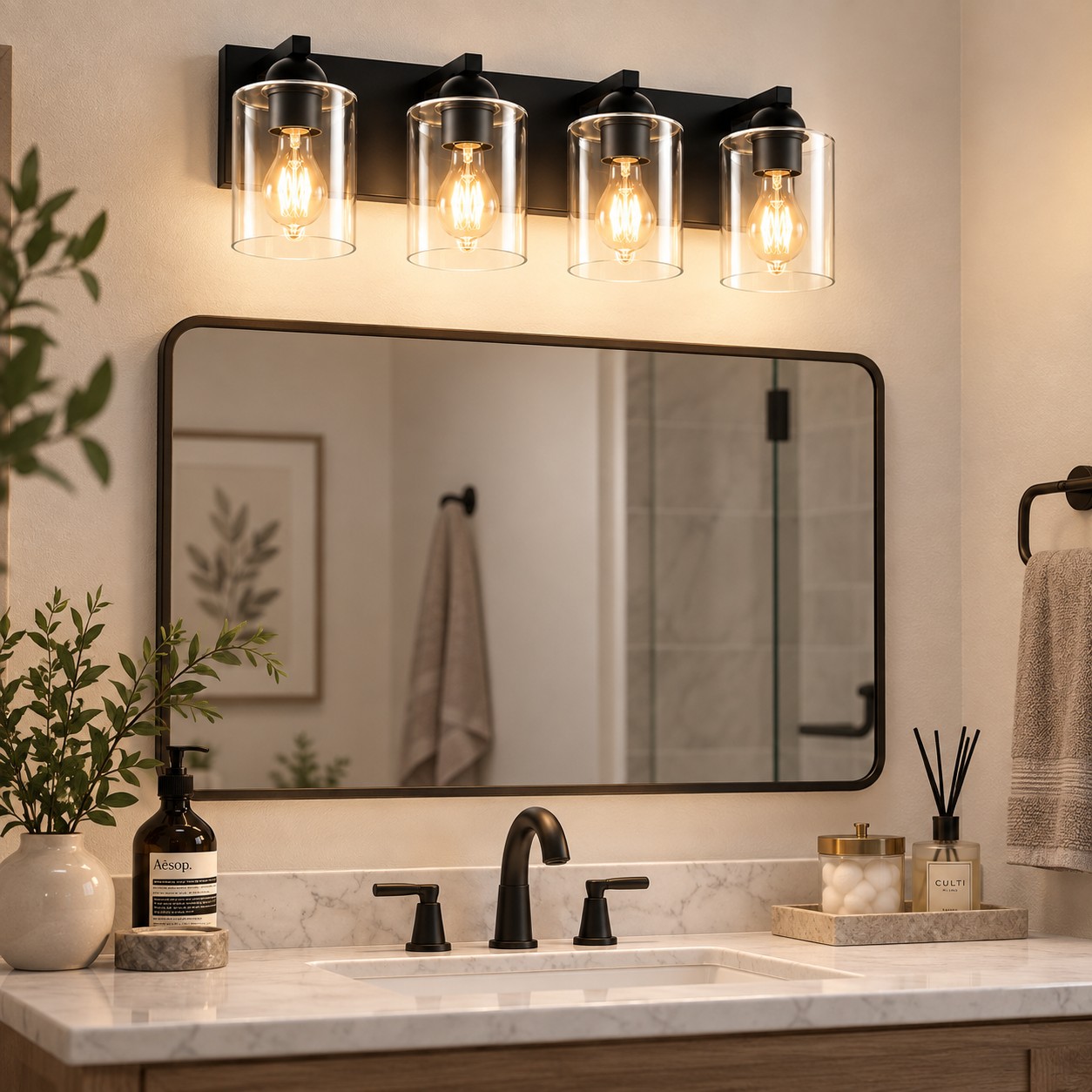 Modern Metal Bathroom Vanity Light — Cylindrical Glass Shades — A natural perspective