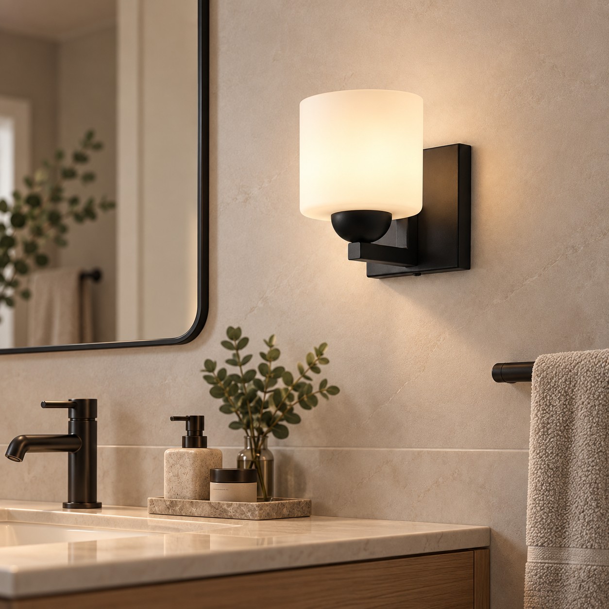 Modern Metal Bathroom Vanity Light — Cylindrical Glass Shades — A natural perspective