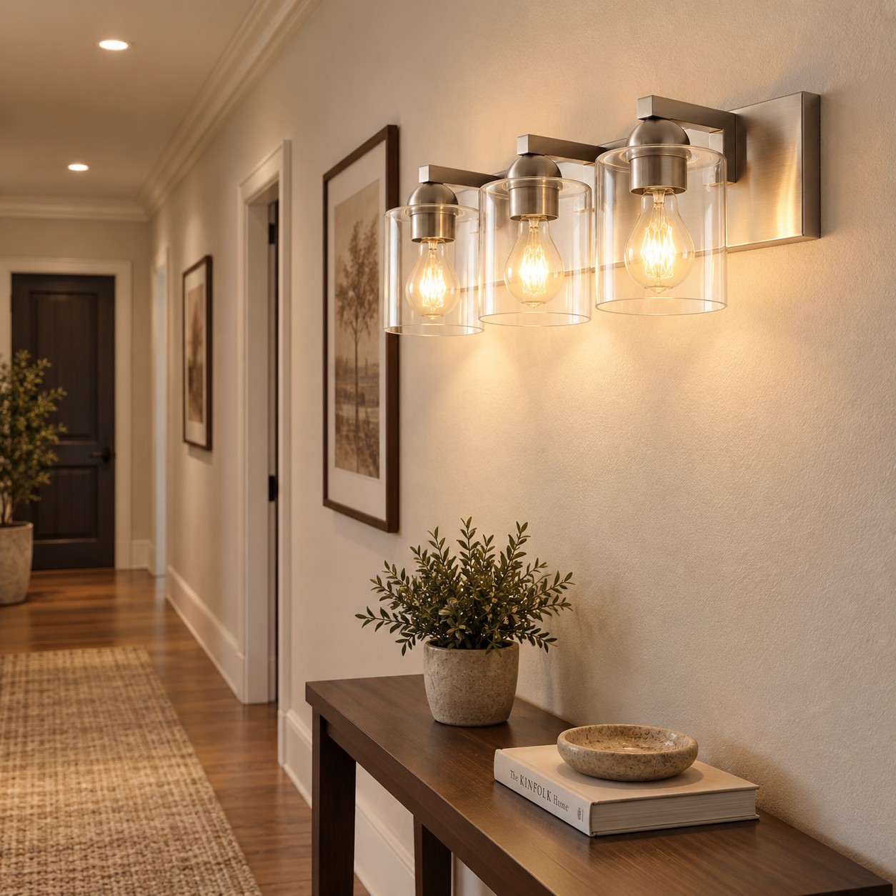 Modern Metal Bathroom Vanity Light — Cylindrical Glass Shades — A natural perspective