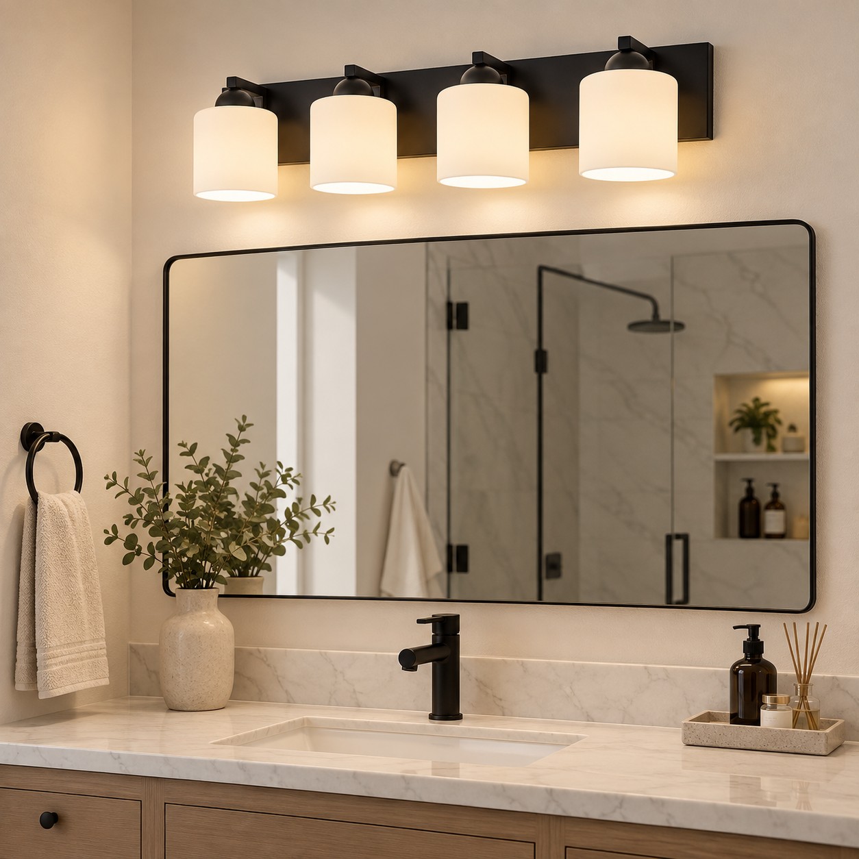Modern Metal Bathroom Vanity Light — Cylindrical Glass Shades — A natural perspective