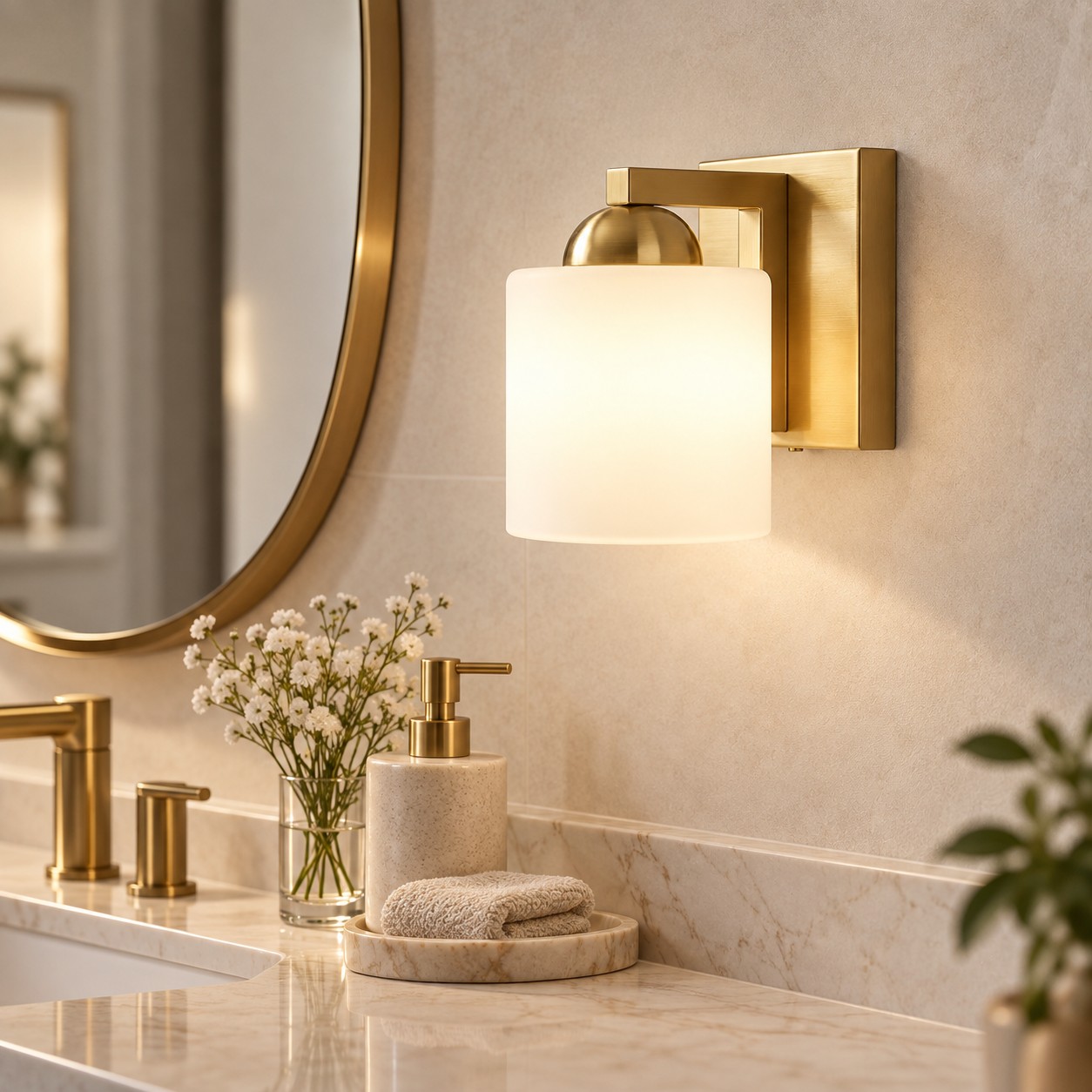 Modern Metal Bathroom Vanity Light — Cylindrical Glass Shades — A natural perspective