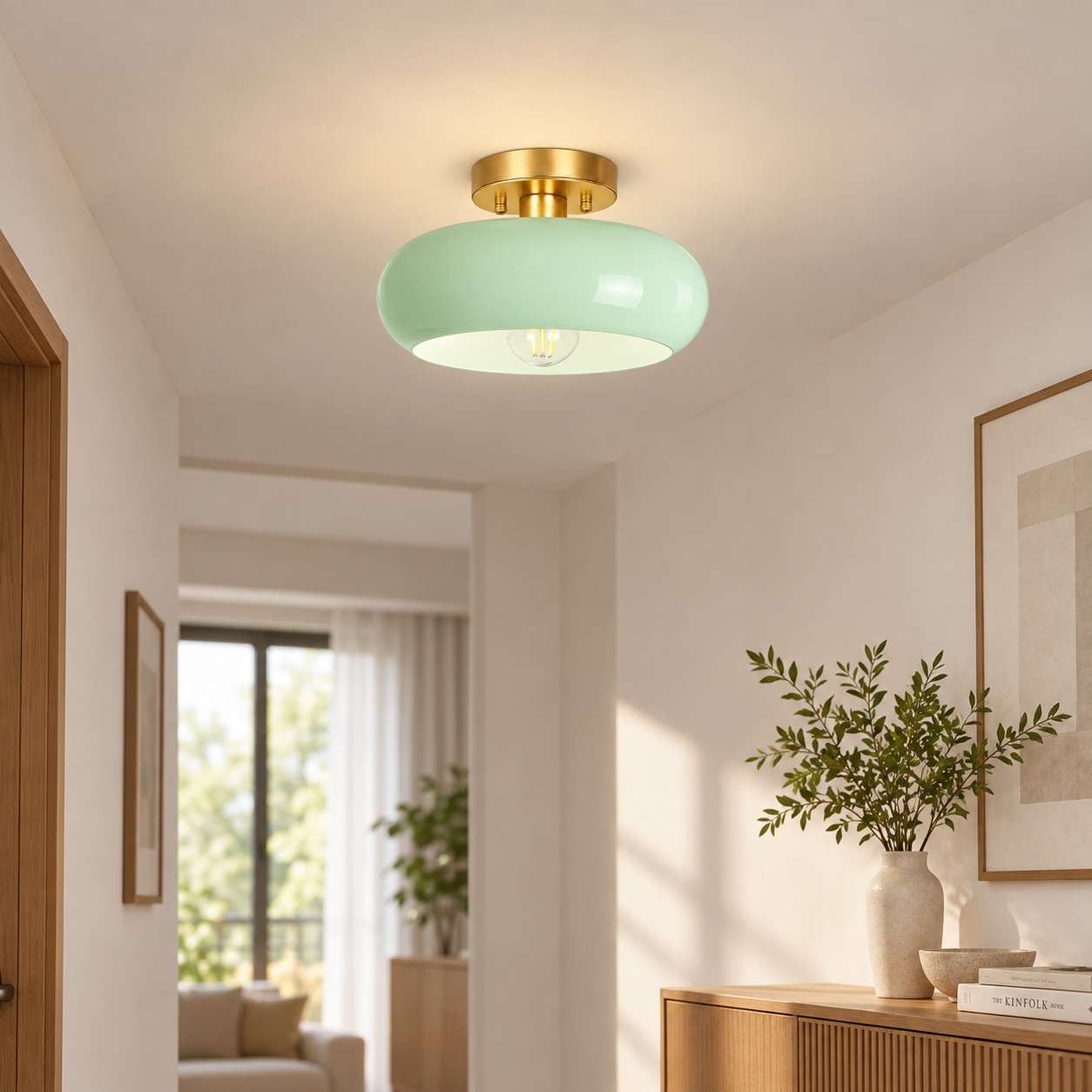 Bauvia Round Glass Ceiling Light: Brass-Finished Mount — A natural perspective