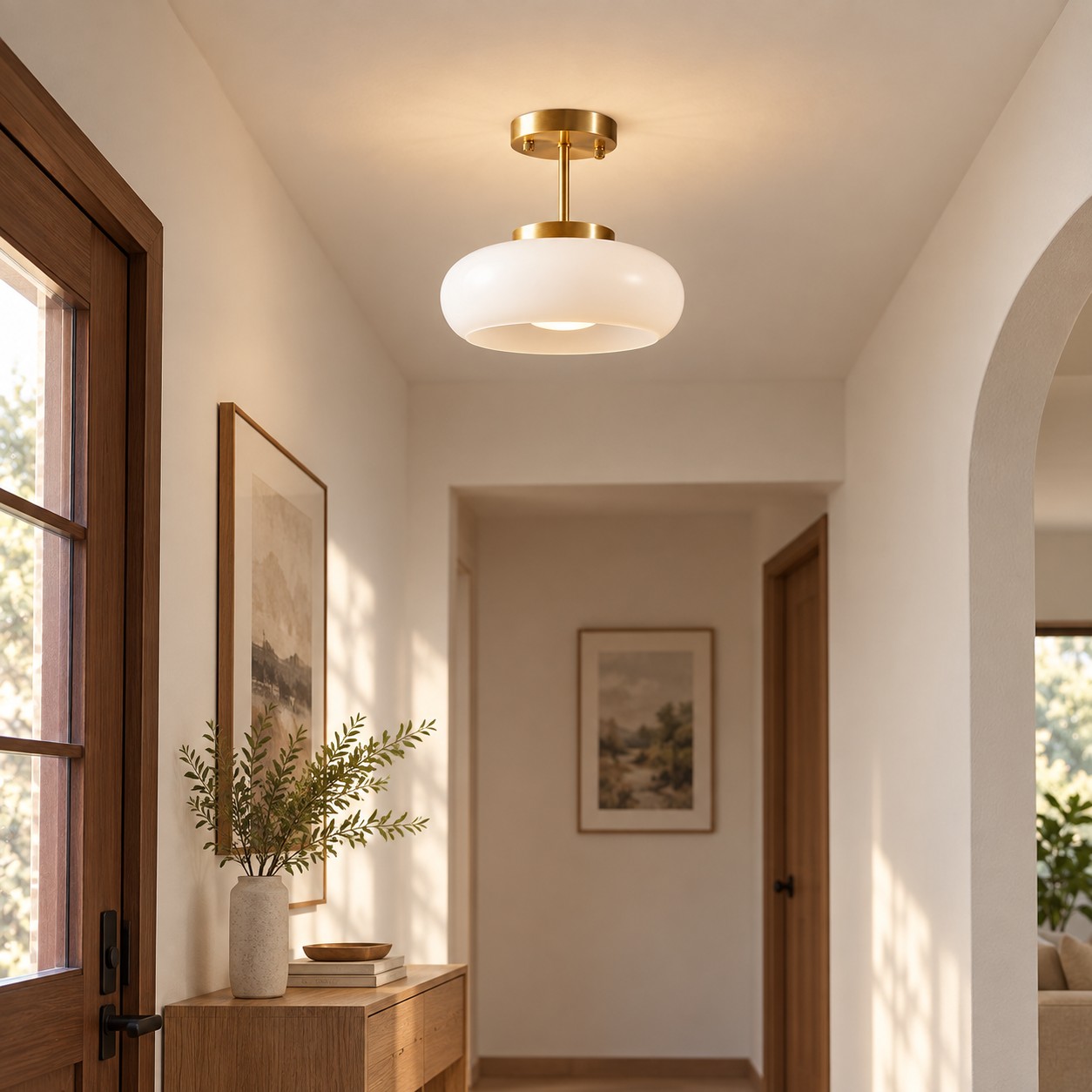 Bauvia Round Glass Ceiling Light: Brass-Finished Mount — A natural perspective