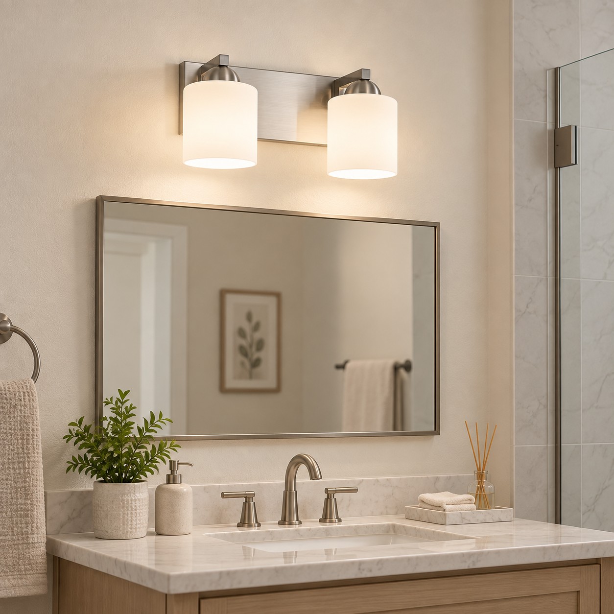 Modern Metal Bathroom Vanity Light — Cylindrical Glass Shades — A natural perspective