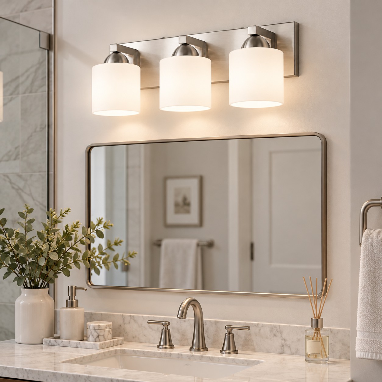 Modern Metal Bathroom Vanity Light — Cylindrical Glass Shades — A natural perspective