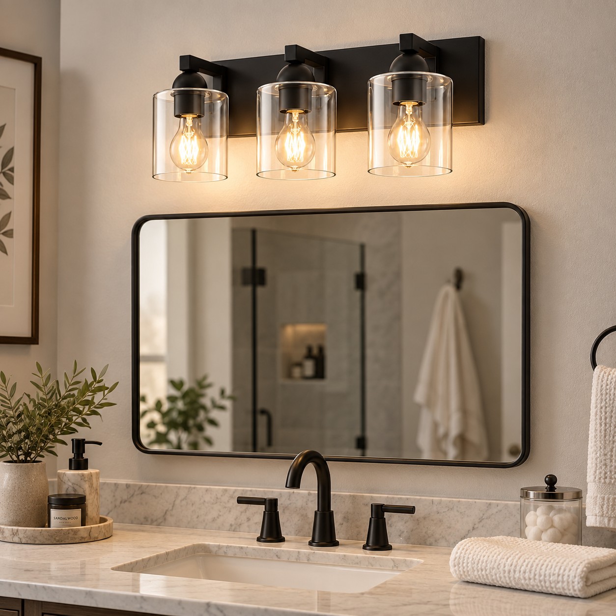 Modern Metal Bathroom Vanity Light — Cylindrical Glass Shades — A natural perspective