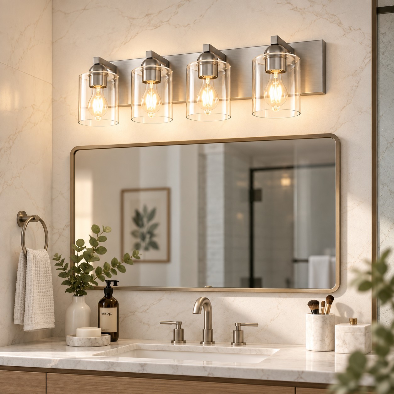 Modern Metal Bathroom Vanity Light — Cylindrical Glass Shades — A natural perspective