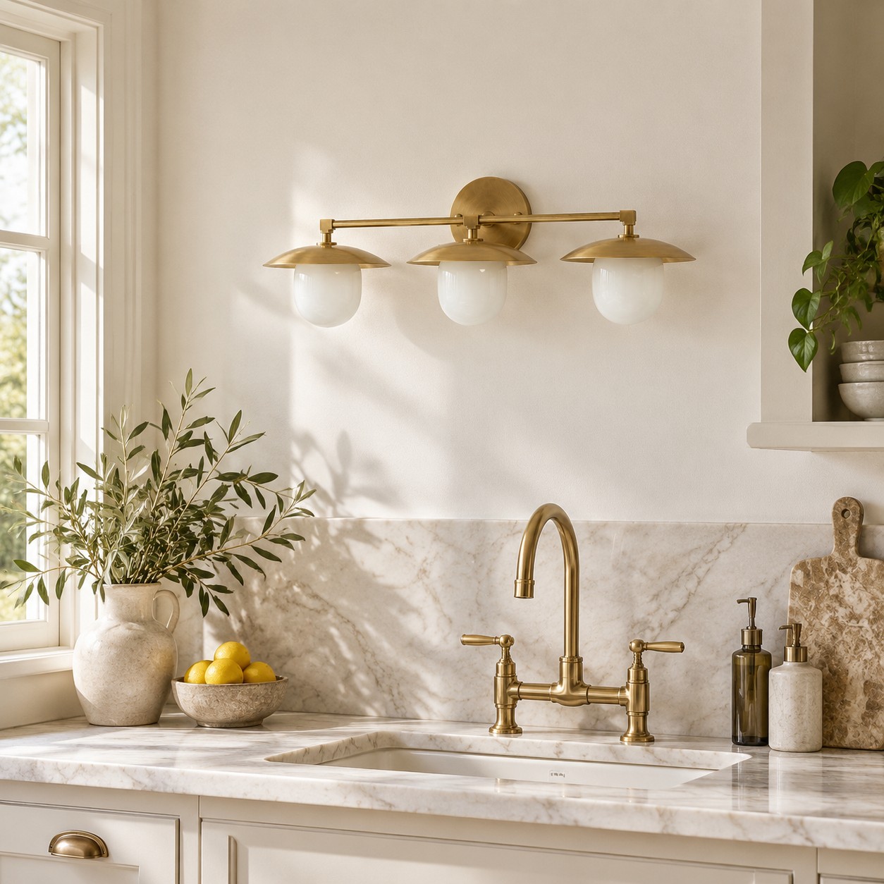 Frosted White Glass Globe — Brass-Finish Wall Sconce — A natural perspective