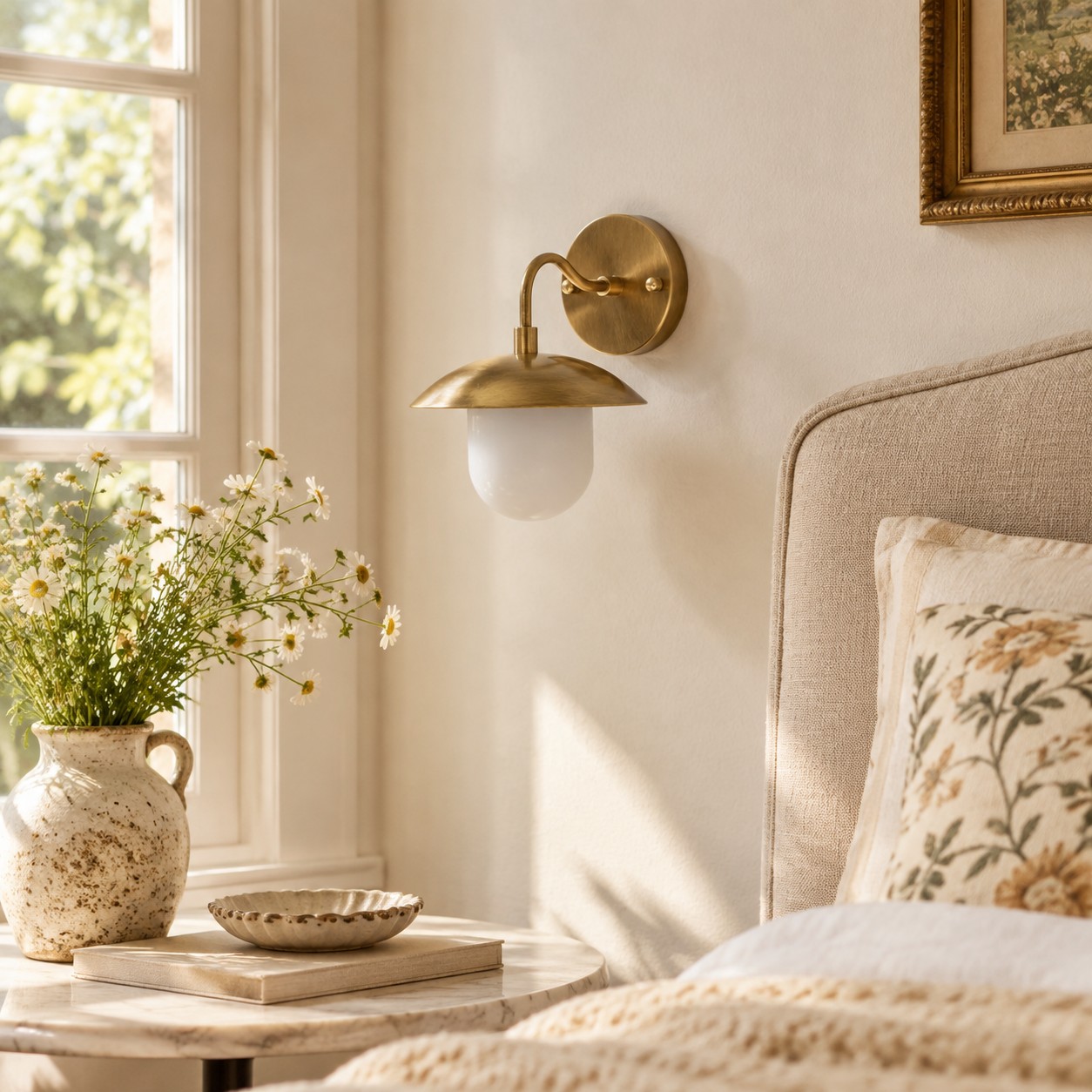 Frosted White Glass Globe — Brass-Finish Wall Sconce — A natural perspective
