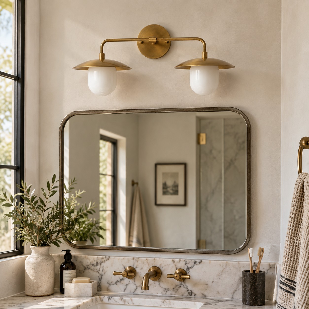 Frosted White Glass Globe — Brass-Finish Wall Sconce — A natural perspective