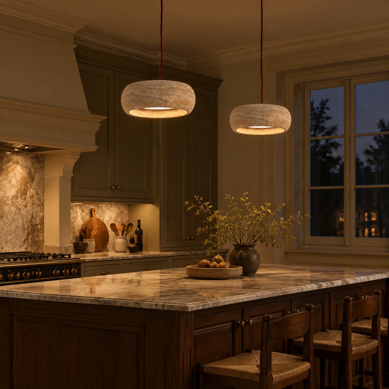 Escena de habitación con lámpara colgante de travertino