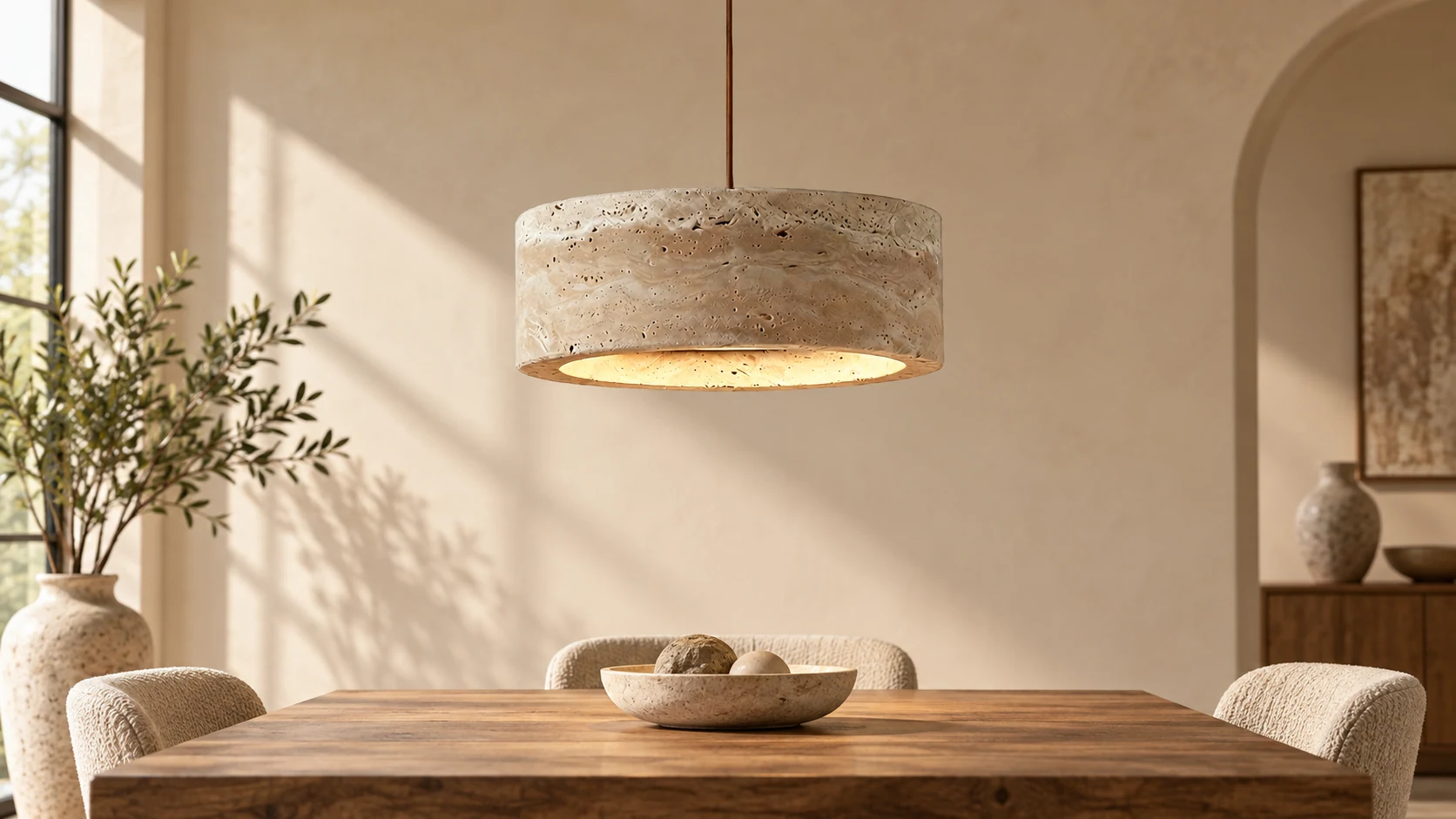 Lámpara colgante Kairis de travertino en un cálido interior de comedor.