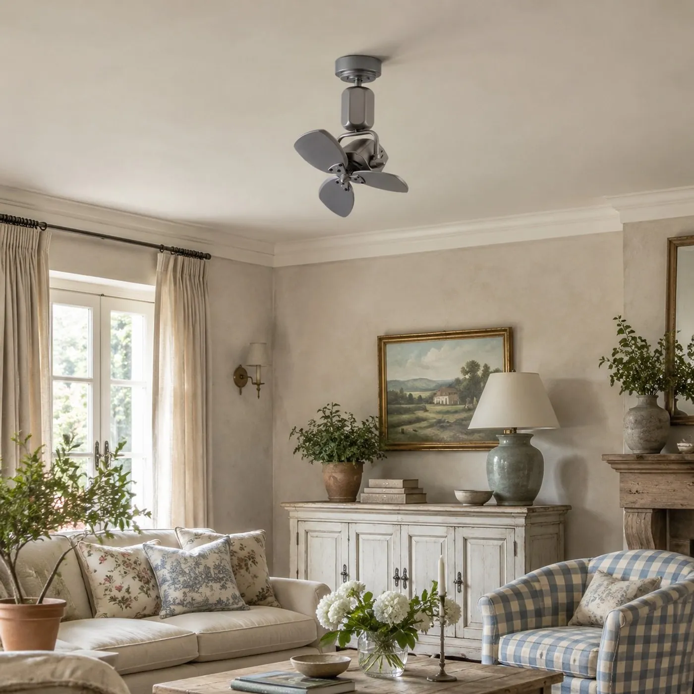 Compact ceiling fan in a country style living room