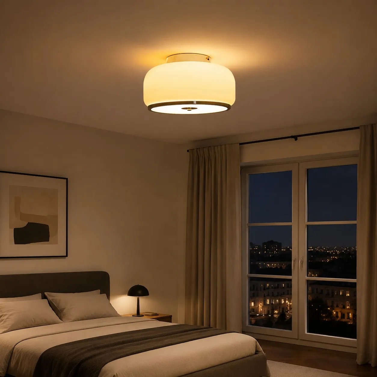 Amber glass ceiling light illuminating a warm bedroom