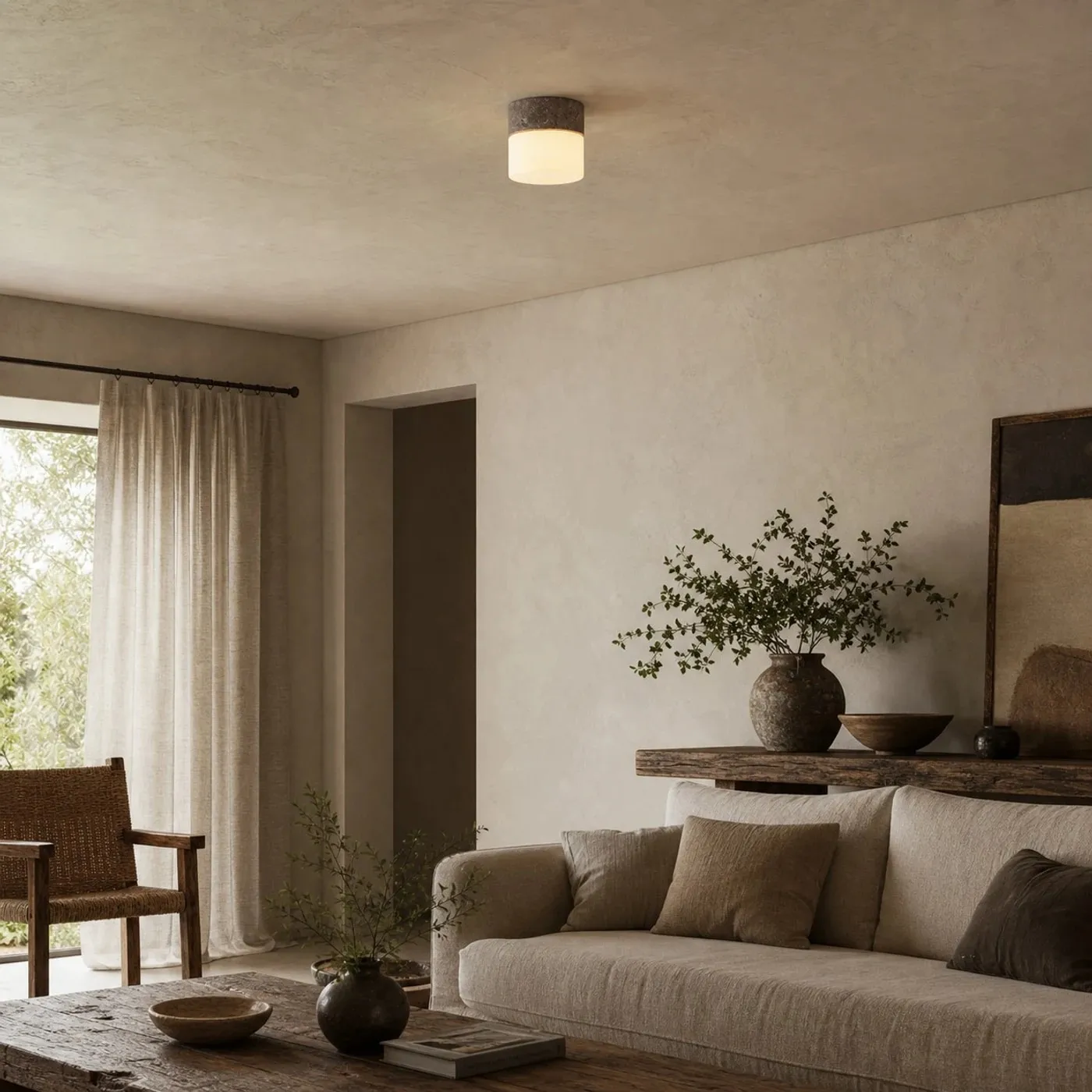 Small travertine ceiling light installed in a calm living room