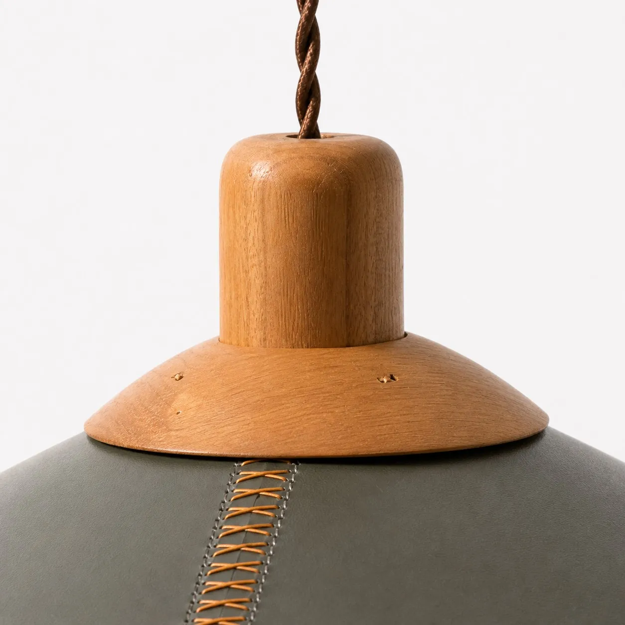 Dark green leather shade with shaped wood connection