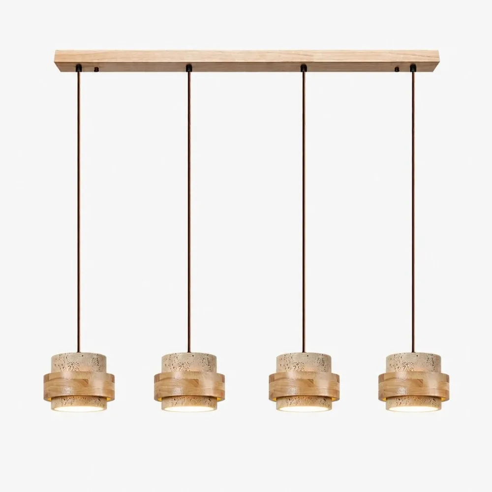 Travertine wood four light linear pendant lamp full view